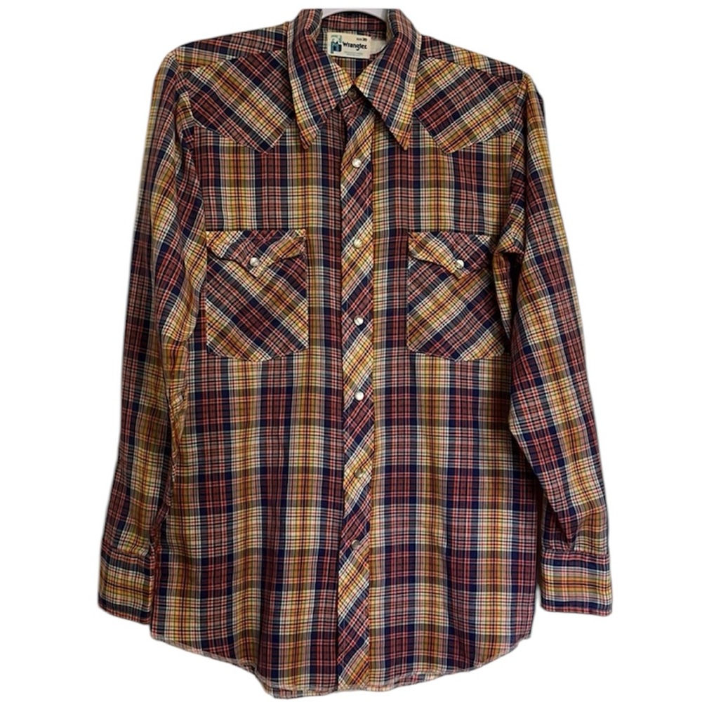Vintage 1980s Wrangler Western Wear Pearl Snap Plaid Shirt Long Sleeve
